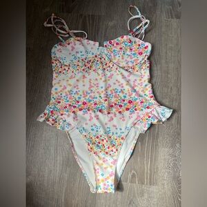 Forever 21 Pink and White One Piece Swimsuit with Ruffle Detail